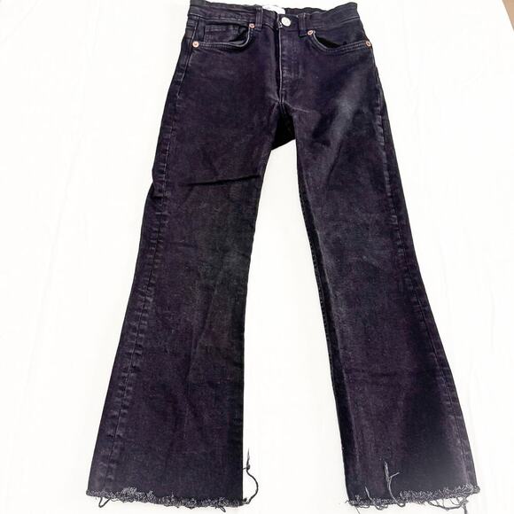 Zara Black Bootcut Straight Leg Raw Hem Cropped Denim Jeans Zip Fly Size 6 - Picture 2 of 7